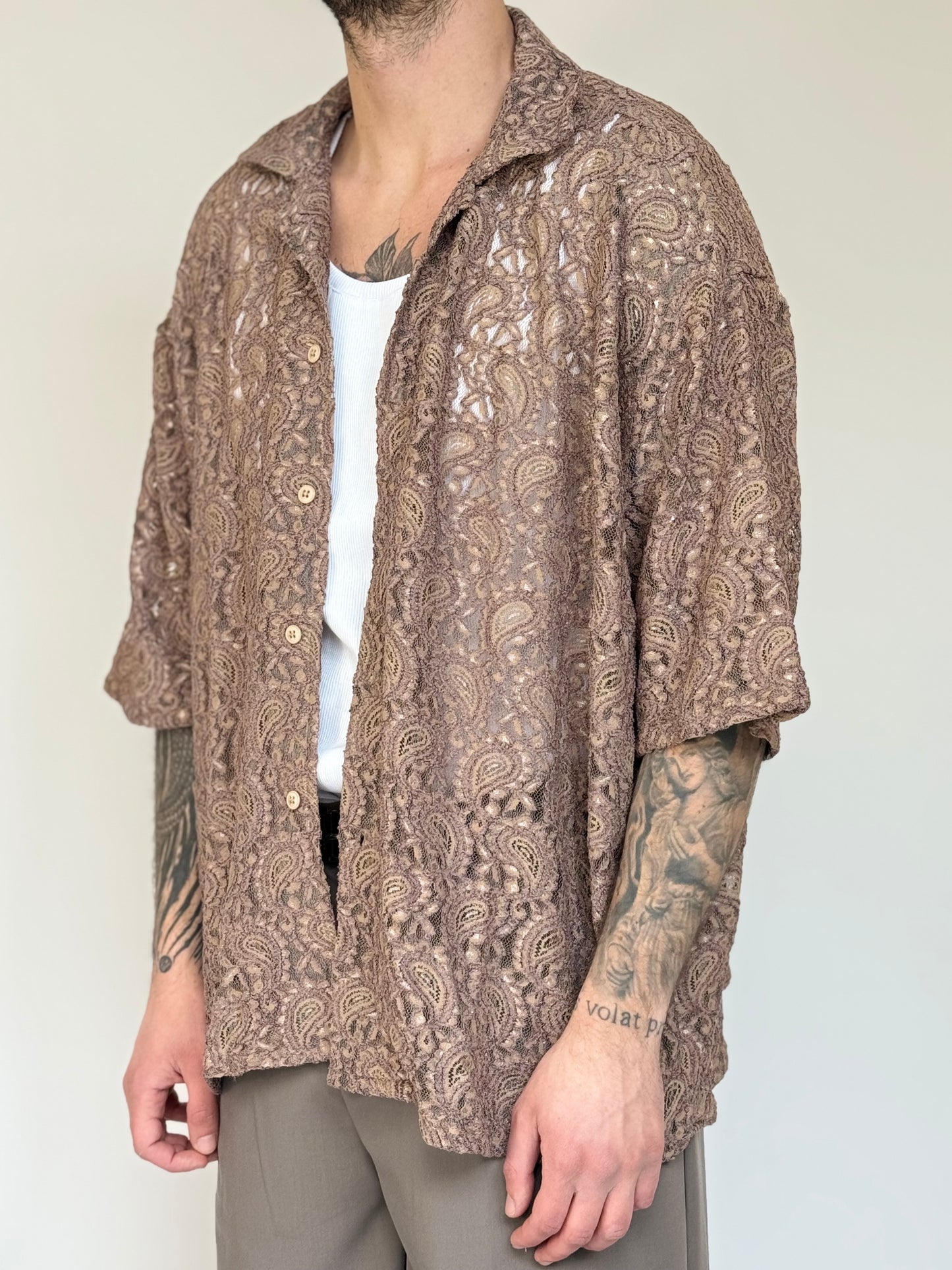 CAMICIA IN PIZZO OVERSIZE - MORO