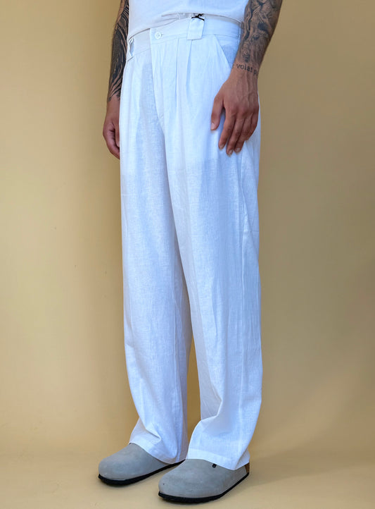 LINEN WIDE LEG PANT - BIANCO